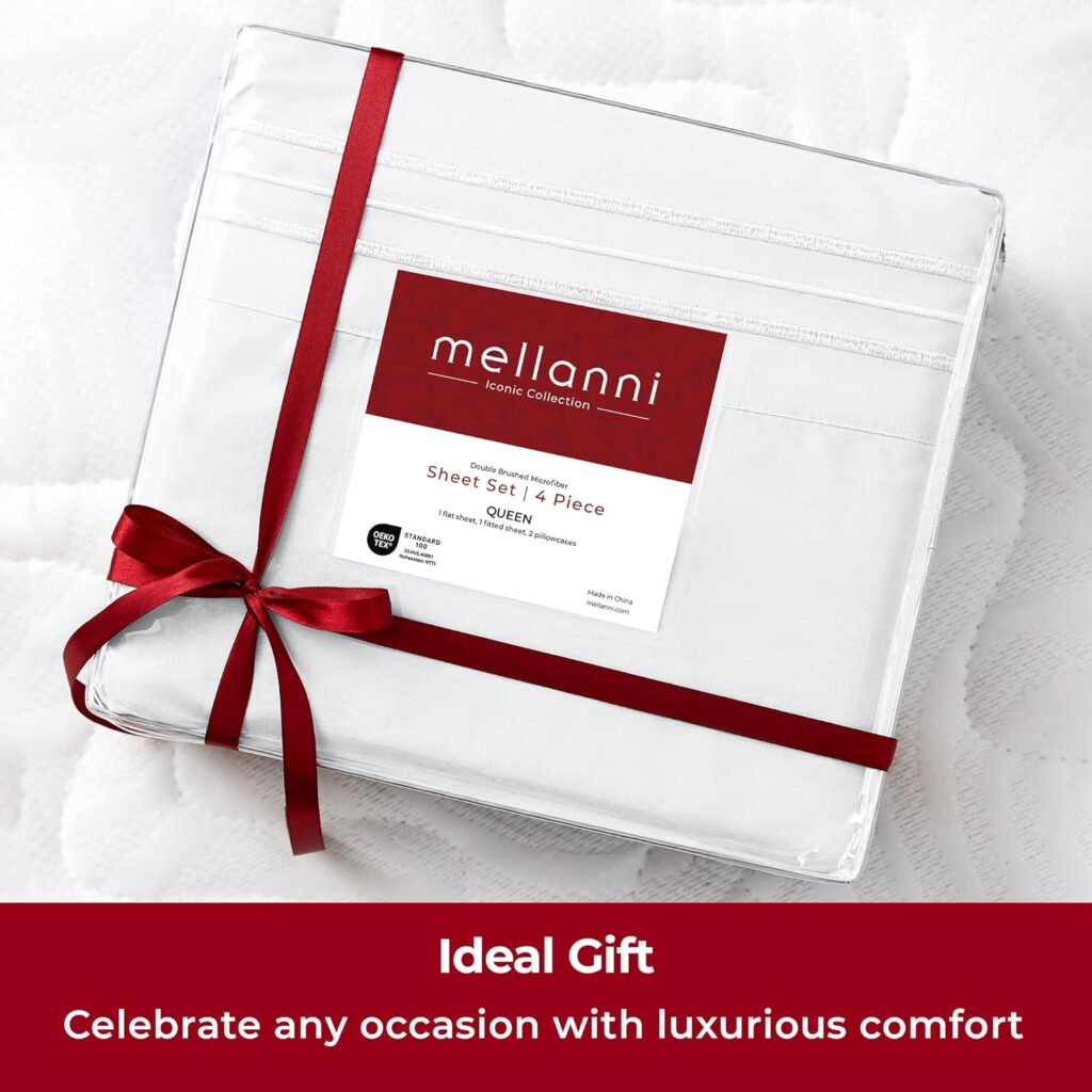 Mellanni Queen Sheet Set - 4 PC Iconic Collection Bedding Sheets  Pillowcases - Hotel Luxury, Extra Soft, Cooling Bed Sheets - Deep Pocket up to 16 - Wrinkle, Fade, Stain Resistant (Queen, White)