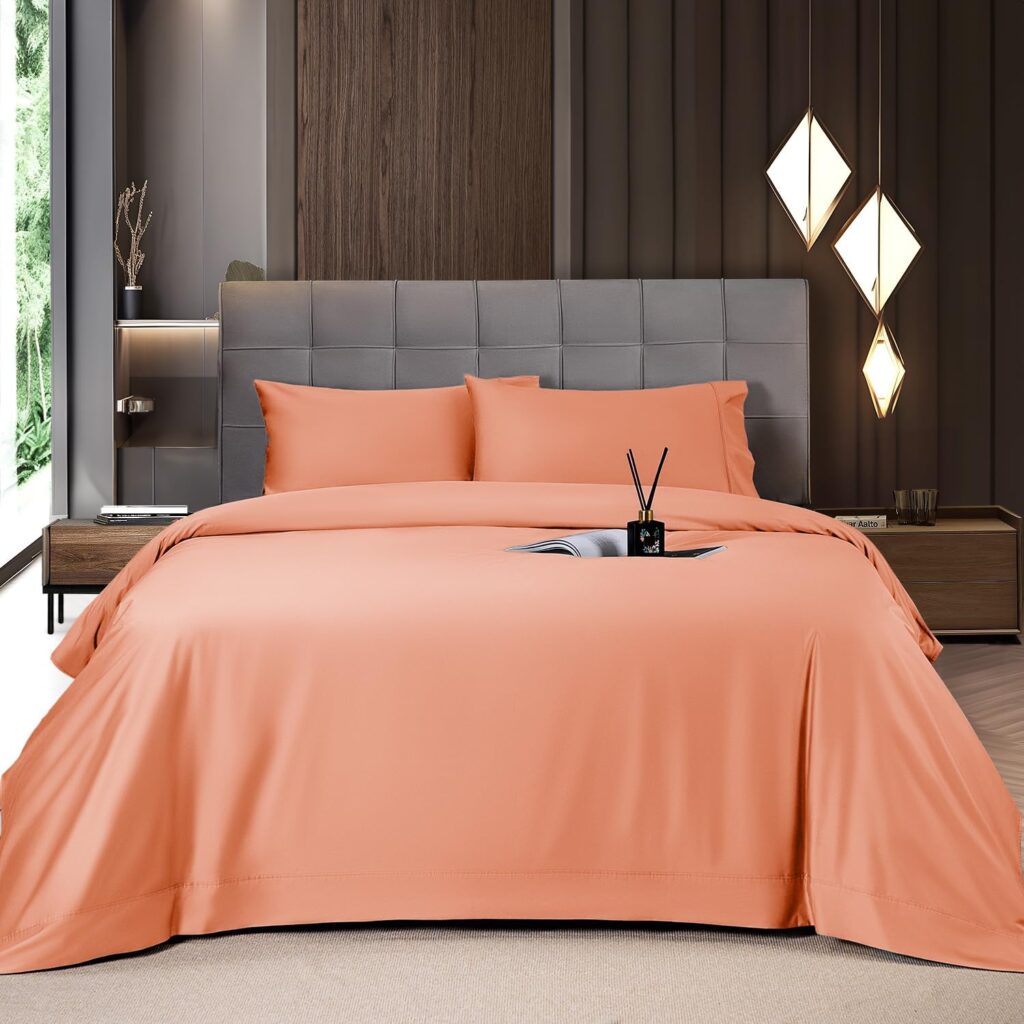 Shilucheng Cooling Breathable Bamboo_ Bed Sheets Set - Queen Size,1800 Thread Count Super Silky Soft with 16 Inch Deep Pocket, Machine Washable, 4 Piece (Queen,Coral)