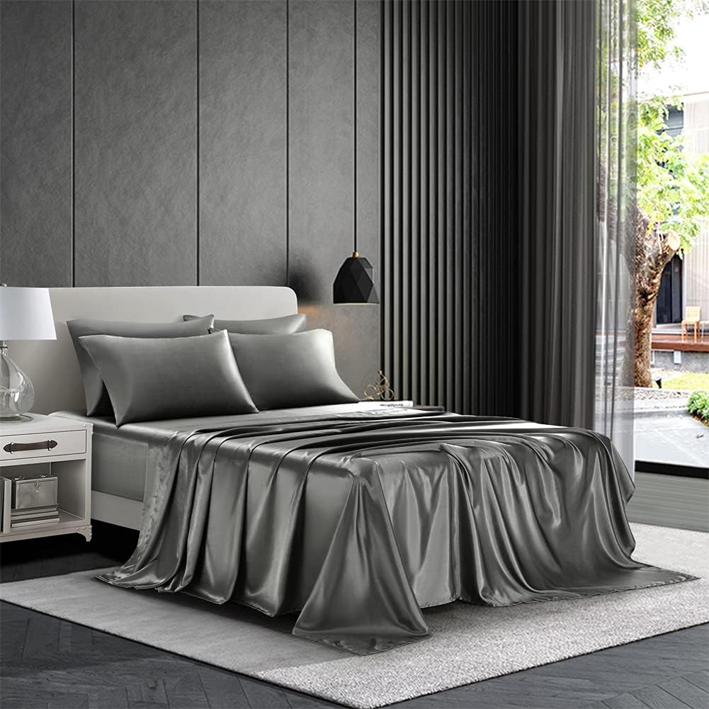 AiMay 6 Piece Satin Bedding Sheet Set Queen Grey Deep Pocket 1800 Series Luxury Rich Silk Silky Super Soft Solid Color 4 Pillowcases Reversible Sexy Honeymoon Wrinkle Free (Queen,Grey)