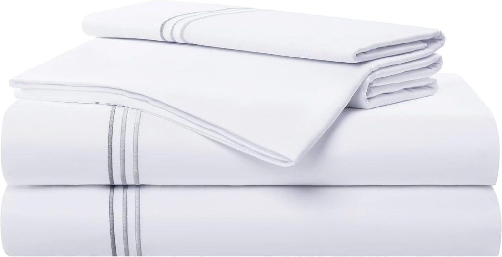 Aston  Arden Sateen Sheet Set - 100% Cotton 600 Thread Count Luxurious Hotel Silky Sheets, Pristine White with Fine Baratta Embroidered 3-Striped Hem, Wrinkle Resistant, Queen, Stone Grey