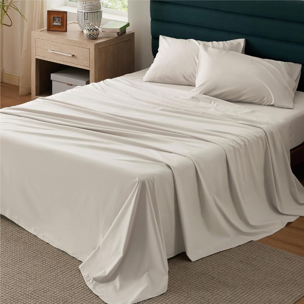 Bedsure 100% Cotton Sheets Queen Size - Soft Percale Sheets, 4 Pieces Linen Sheet Set, Breathable Cooling Queen Sheets, Cotton Bed Sheets with Deep Pocket Up to 16, Bedding Sheets  Pillowcases