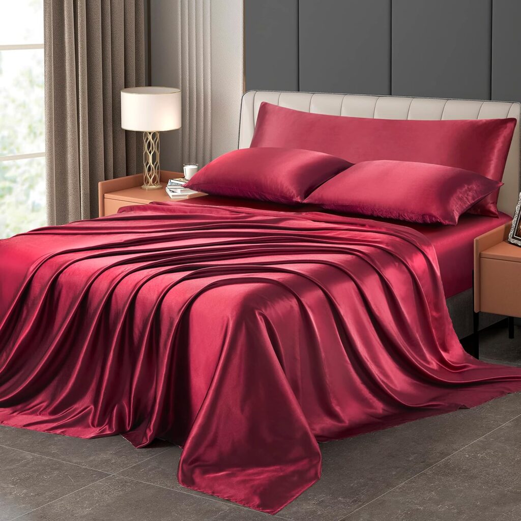 DengChao 5PCS Queen Size Satin Sheets Set Silky Sheets Wine Red Soft Satin Pillowcase Wrinkle-Free Breathable Sheet Set Fitted Sheet 16 Deep Pocket, Satin Flat Sheet  3 Pillowcases