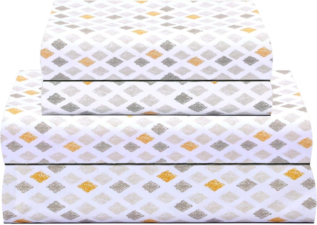 Feather  Stitch 100% Cotton 300TC Percale Weave Sheet Set, College Dorm Twin 3 Piece Cooling Bed Sheets 16 Deep Pockets, Hotel Luxury Bed Sheets-Twin, Yellow Diamond