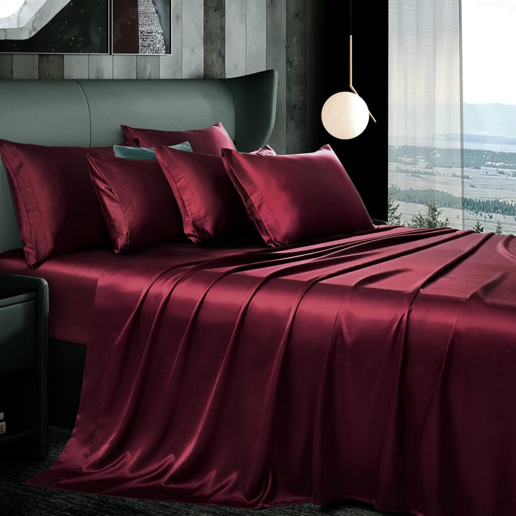 Manyshofu 7Pcs Maroon Satin Sheets California King Silky Satin Bed Sheets Set, Luxurious  Soft Satin Bedding Set - 1 Satin Fitted Sheet, 1 Satin Flat Sheet, 4 Satin Pillowcases + 1 Body Pillow case