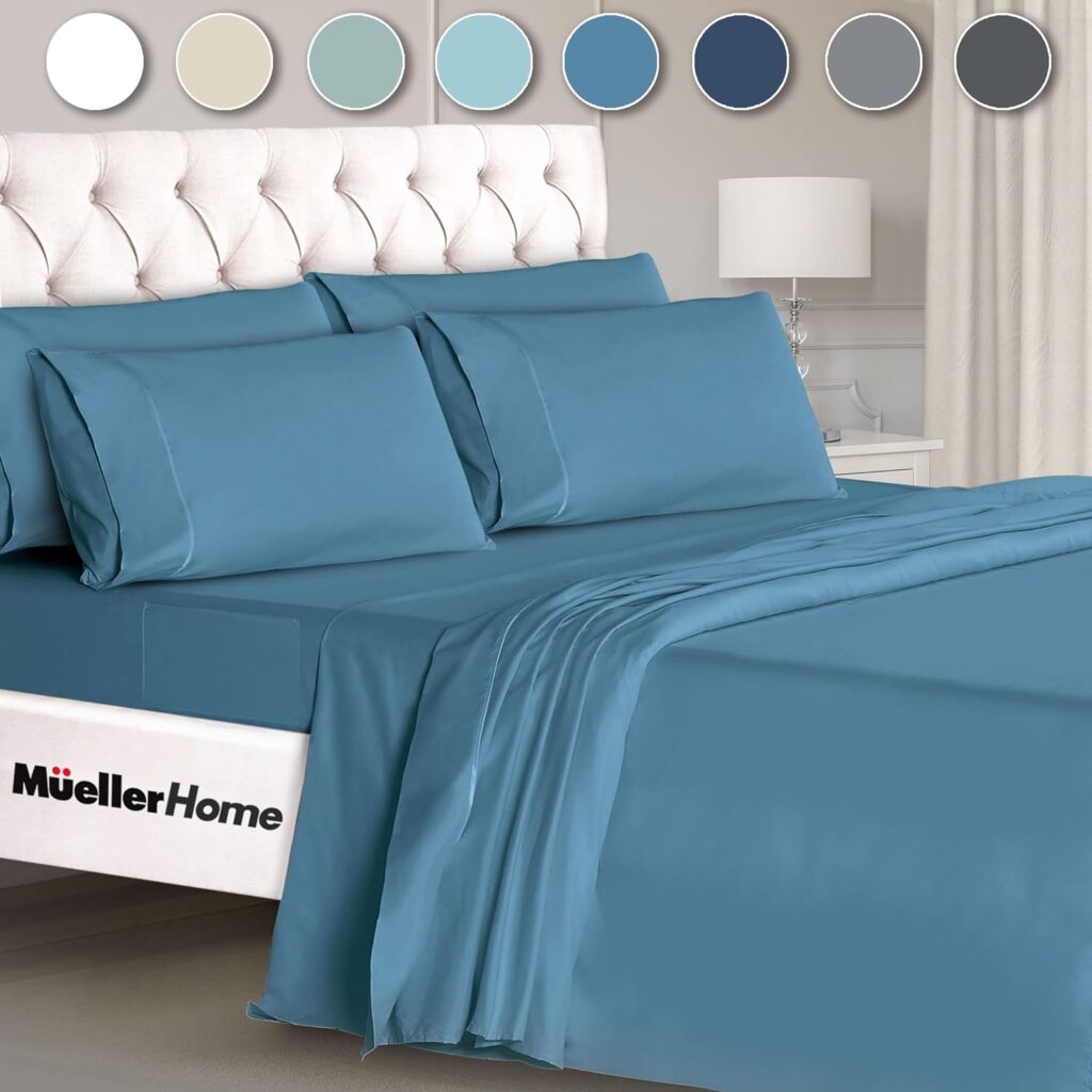 Mueller Ultratemp King Size Sheets Set, Super Soft 1800, 6 Piece, Deep Pocket up to 16 Bed Sheets, Transfers Heat, Breathes Better, Hypoallergenic, Wrinkle, Denim