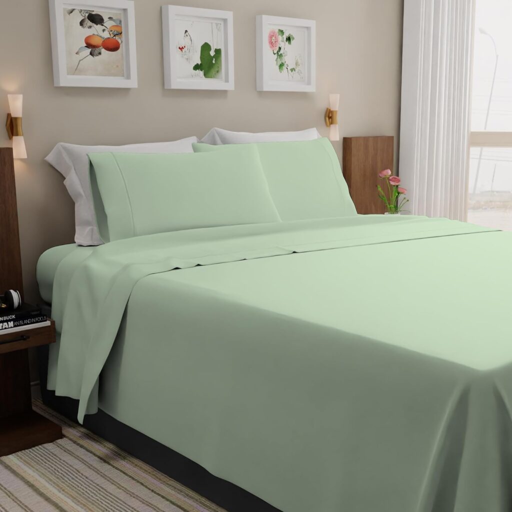 Purity Home 400 Thread Count 100% Cotton Sheets, Cooling Percale Queen Sage Green Sheet Set, with Elasticized Deep Pocket Bed Sheets, Hotel Luxury 4 Piece Queen Size Bedding Set - Queen, Sage Green