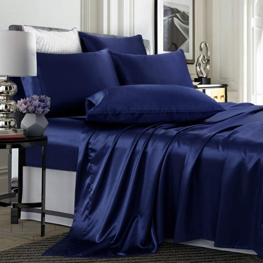 TREELY 6 Piece Satin Sheets King Size Silky Smooth Navy Blue Satin Sheet Set with Deep Pocket, Satin Fitted Sheet, Flat Sheet, 4 Satin Pillowcase