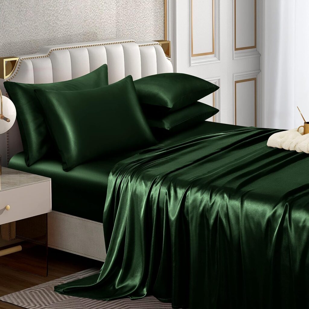 Horbaunal 6 Piece Satin Sheet Set Full Size Luxury Silky  Soft Emerald Green Satin Full Bed Sheet Set with 16 Deep Pocket, 1 Fitted Sheet, 1 Flat Sheet, 4 Pillowcases