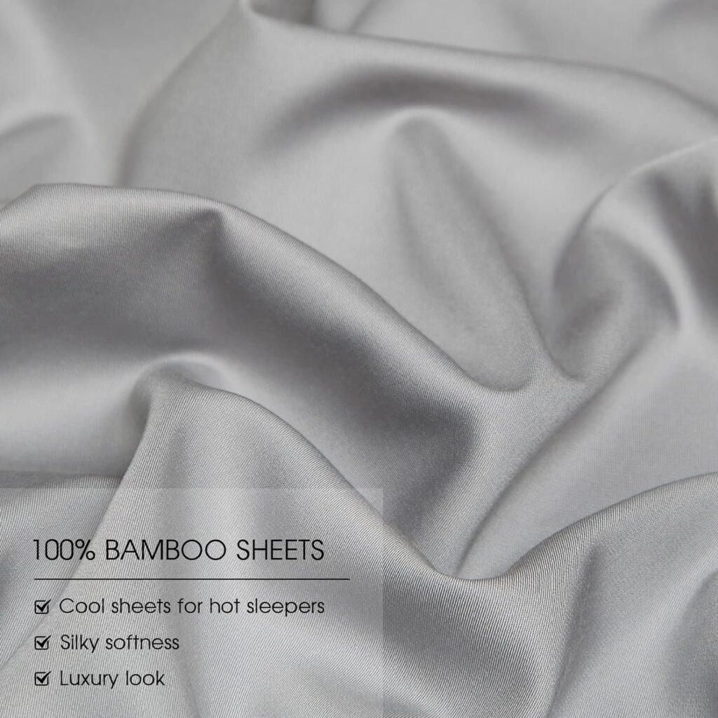 HYPREST Grey Sheets -100% Viscose Bamboo Sheets Silk Like Soft Breathable No Sweat Cooling Sheets for Hot Sleepers,Extra Deep Pocket Queen Sheets Fits 18-24 Thick Mattress Luxury Bed Sheets Set