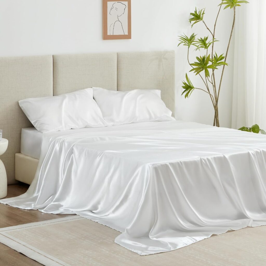 Loves cabin Satin King Sheet Sets - 4 Piece White Silky Satin Sheets King Size Bed Set with Deep Pocket, Luxury Silk Feel King Size Satin Sheet Set (1 Flat Sheet,1 Fitted Sheet,2 Pillow Cases)