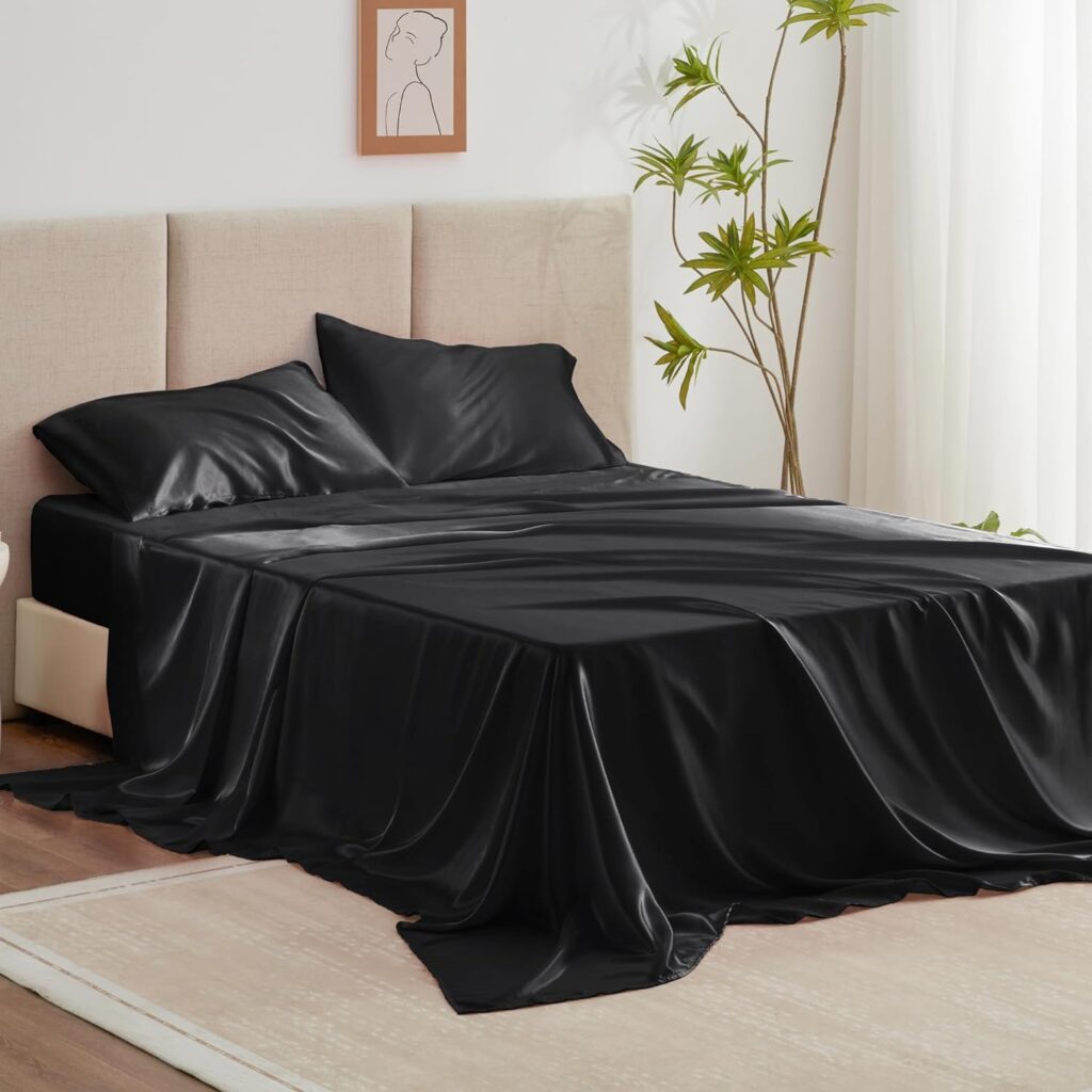 Loves cabin Satin Queen Sheets Set - 4 Piece Black Silky Satin Bed Sheets Queen Set with Deep Pocket, Luxury Silk Feel Satin Queen Size Sheet Set (1 Flat Sheet,1 Fitted Sheet,2 Pillow Cases)