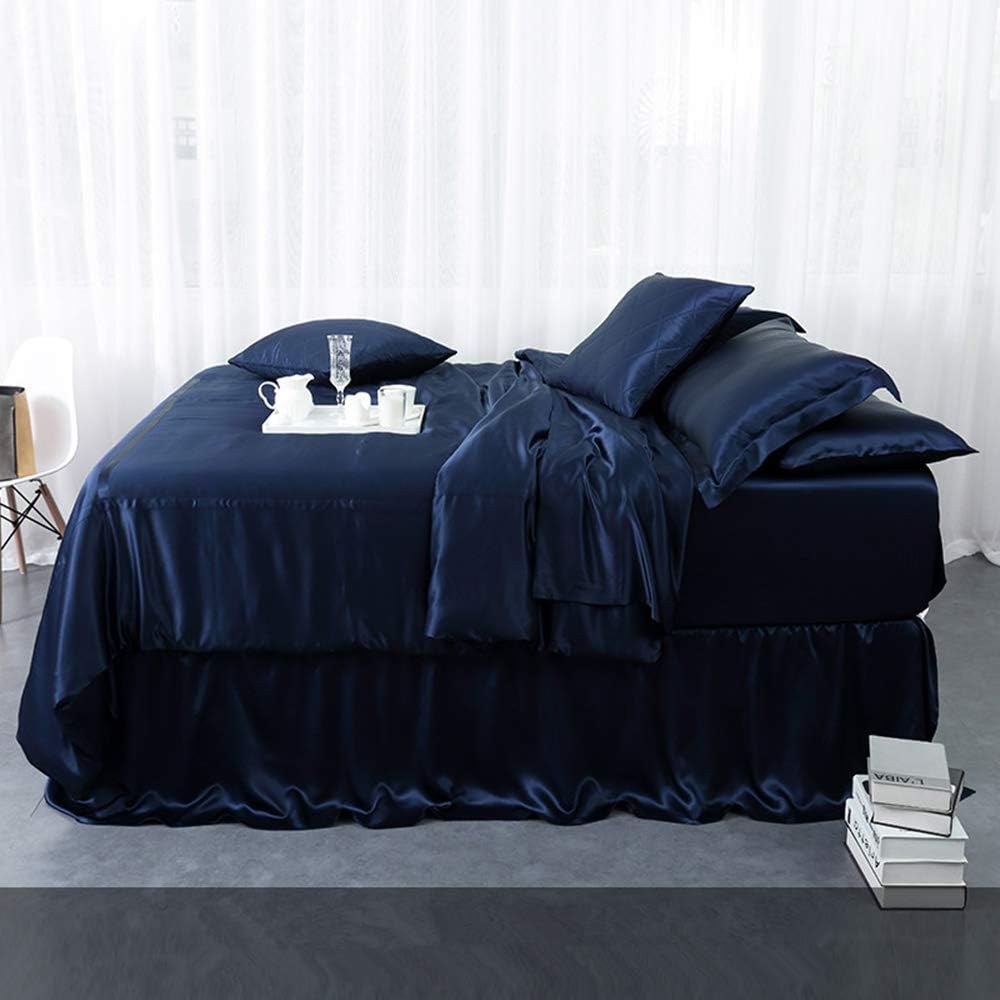 Orose 4Pcs 30 Momme Silk Sheets Set Seamless Custom,Thick, Heavy Silk, Deep Pocket 100% Charmeuse Mulberry Silk Bedding Top Flat Bottom Fitted (Dark Blue, Queen)