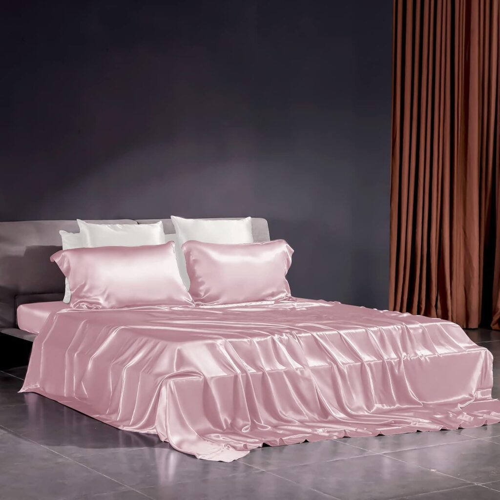 THXSILK 22 Momme Silk Sheet Set 4 Pcs, 7A+ Silk Bed Sheets, Luxury Bedding Sets -Ultra Soft, Durable-100% Top Grade Mulberry Silk - Queen Size, Charming Pink