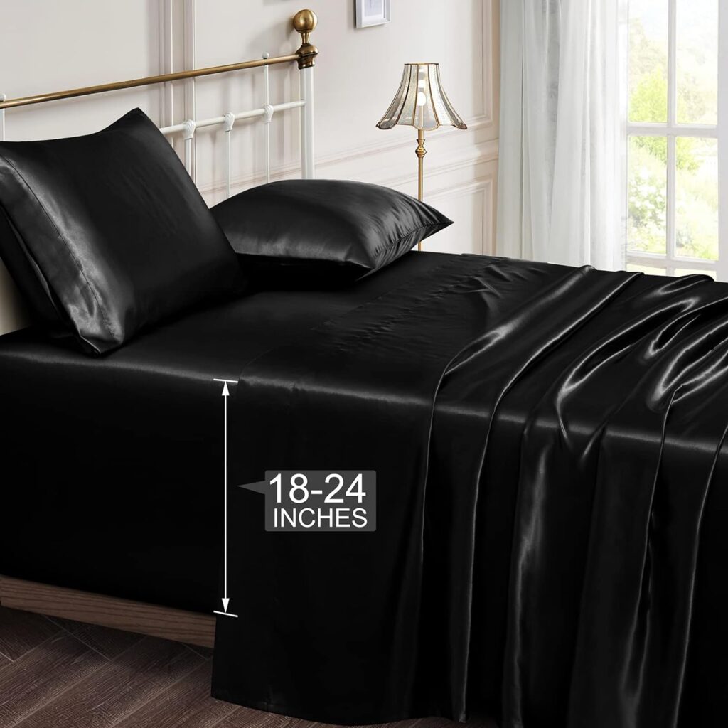 Vonty Satin Sheets Extra Deep Pocket King Size Sheets - Cooling  Silky Satin King Sheets Set with 18-24 Inch Deep Pocket, Black Satin Bed Sheets Fit Up to 24 Deep Matress - 4 Piece