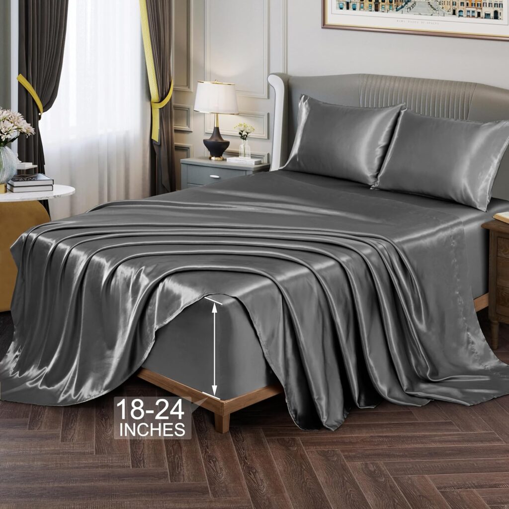 Vonty Satin Sheets Extra Deep Pocket King Size Sheets - Cooling  Silky Satin King Sheets Set with 18-24 Inch Deep Pocket, Black Satin Bed Sheets Fit Up to 24 Deep Matress - 4 Piece