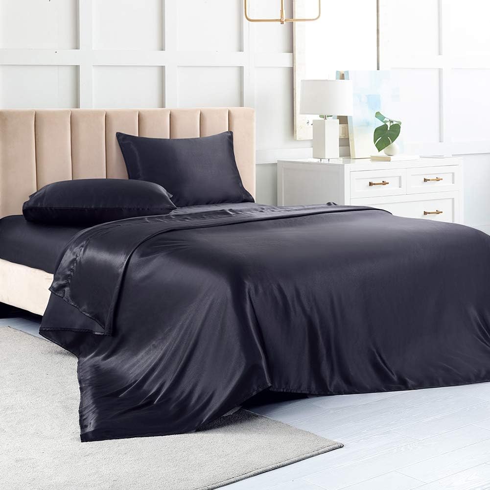 Satin Bed Sheets Queen Sheet Set, Black Silk Sheets, 4 - Pieces Soft Bedding Set with 1 Deep Pocket Fitted Sheet,1 Flat Sheet,2 Pillowcase