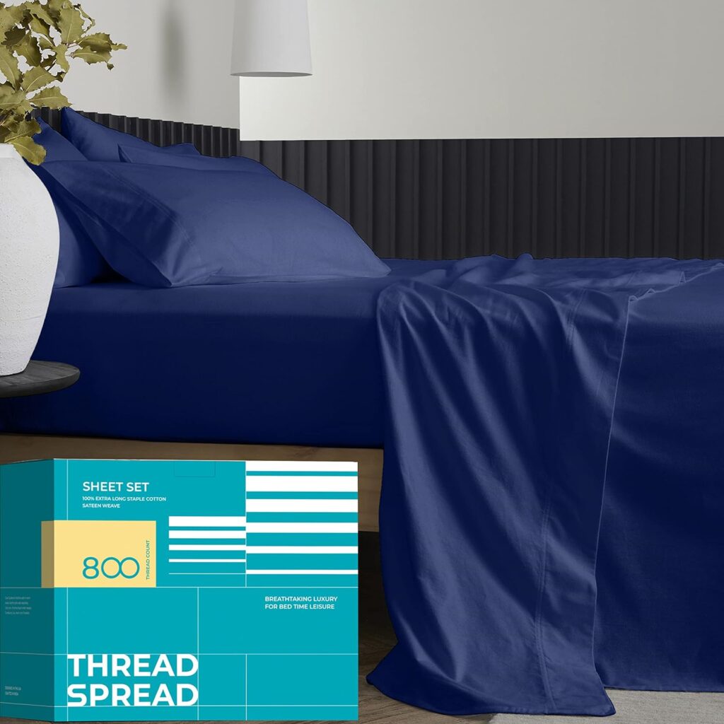 THREAD SPREAD Queen Sheet Set, 800 Thread Count 100% Egyptian Cotton Sheets Queen Size Bed Sheet Set, 4Pc Cooling Bed Sheets Queen Size, Luxury Hotel Sheets, Deep Pocket Queen Sheets Set - Navy Blue