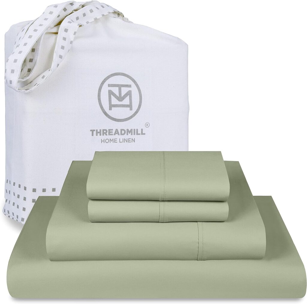 Threadmill Cotton Queen Sheet Set | 100% Cotton Sheets for Queen Size Bed | Solid Sateen Queen Bed Sheets Set with 16” Deep Pocket | Soft Breathable 4-Piece Cooling Bedding Sheet Set | Sage Green