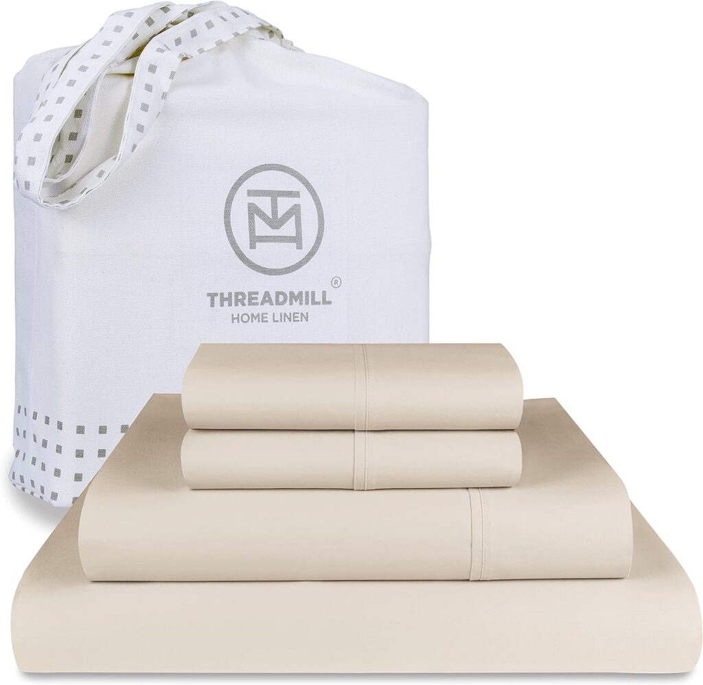 Threadmill Egyptian Cotton Queen Sheet Set | 100% Certified Egyptian Cotton Bed Sheets for Queen Size Bed | Queen Bed Sheets Set with Snug Fit 16 Deep Pocket | Soft Cooling Sateen Bedding Set | Beige