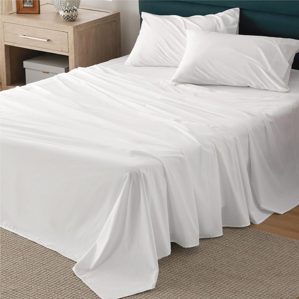 Bedsure 100% Cotton Sheets Queen Size - Soft Percale Sheets, 4 Pieces White Sheet Set, Breathable Cooling Queen Sheets, Cotton Bed Sheets with Deep Pocket Up to 16, Bedding Sheets  Pillowcases