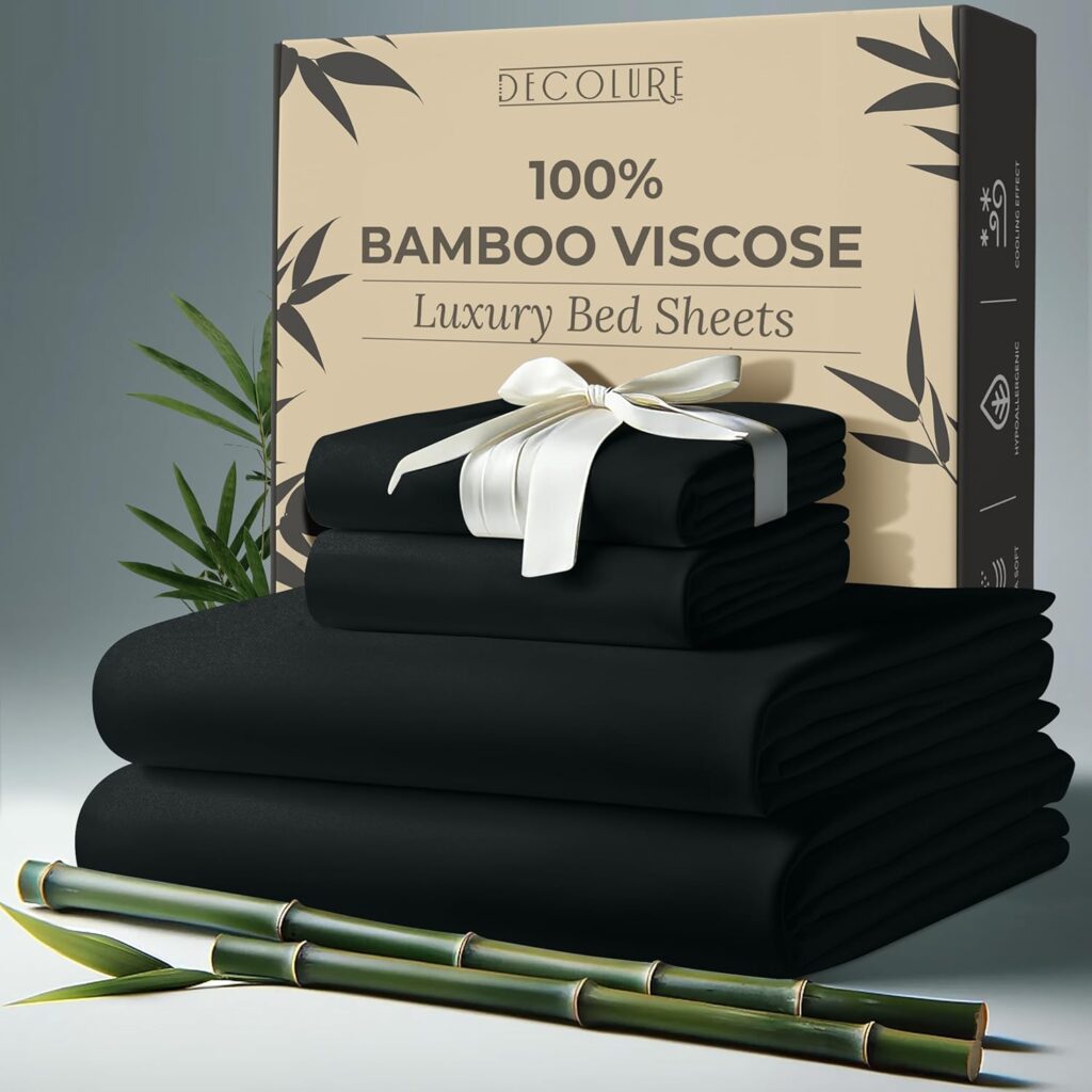 DECOLURE 100% Organic Viscose Derived from Bamboo King Sheets Size 4pcs - Ultra Soft  Luxuriously Cooling, 17 Deep Pocket, Double Stitching, Perfect for Hot Sleepers - King Bed Sheets (Black)