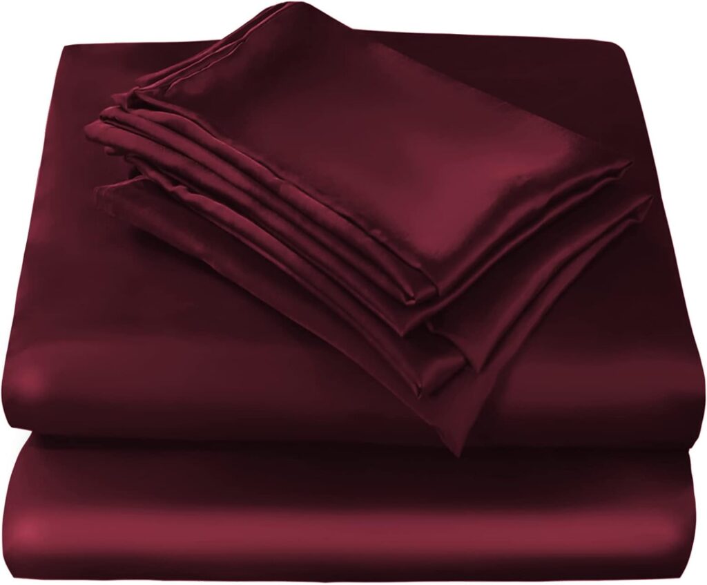 JSD Dark Red Satin Sheet Set Queen Size, 4 Piece Soft Silky Bed Sheets Deep Pocket, Good for Skin and Hair