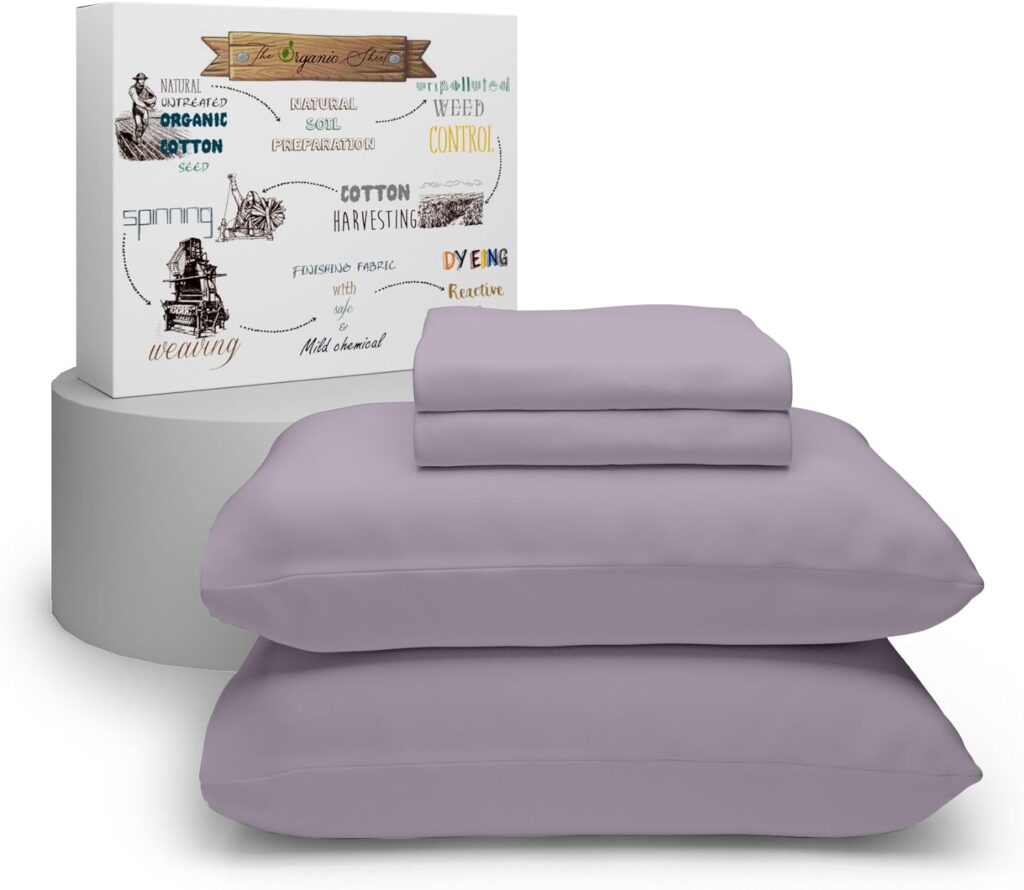 Purity Home Lavender Organic 100% Cotton Sheets for Queen Size Bed, Ultra-Soft 300 Thread Count 4-Piece Bed Sheets Queen Size, Percale Weave, Crisp Cool  Breathable Bed Sheets with 16 Deep Pocket