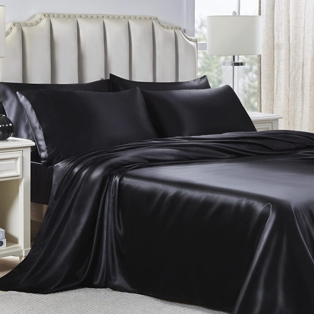 Satin Sheets Queen 6 Pc - Satin Bed Sheets Queen Set, Black Satin Sheets Queen Satin Sheet Set, Satin Queen Sheets Set, Queen Satin Sheets Size Bed Set - Bed Sheets Queen Sheets, Black Sheets Queen