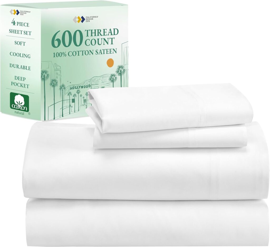 California Design Den Queen Size Sheet Set, 600 Thread Count 100% Cotton Sheets, Luxury Extra Deep Pocket Queen Sheets Cotton Sateen, 4-Pc Hotel-Quality Bedding Sheet  Pillowcase Sets - White Sheets