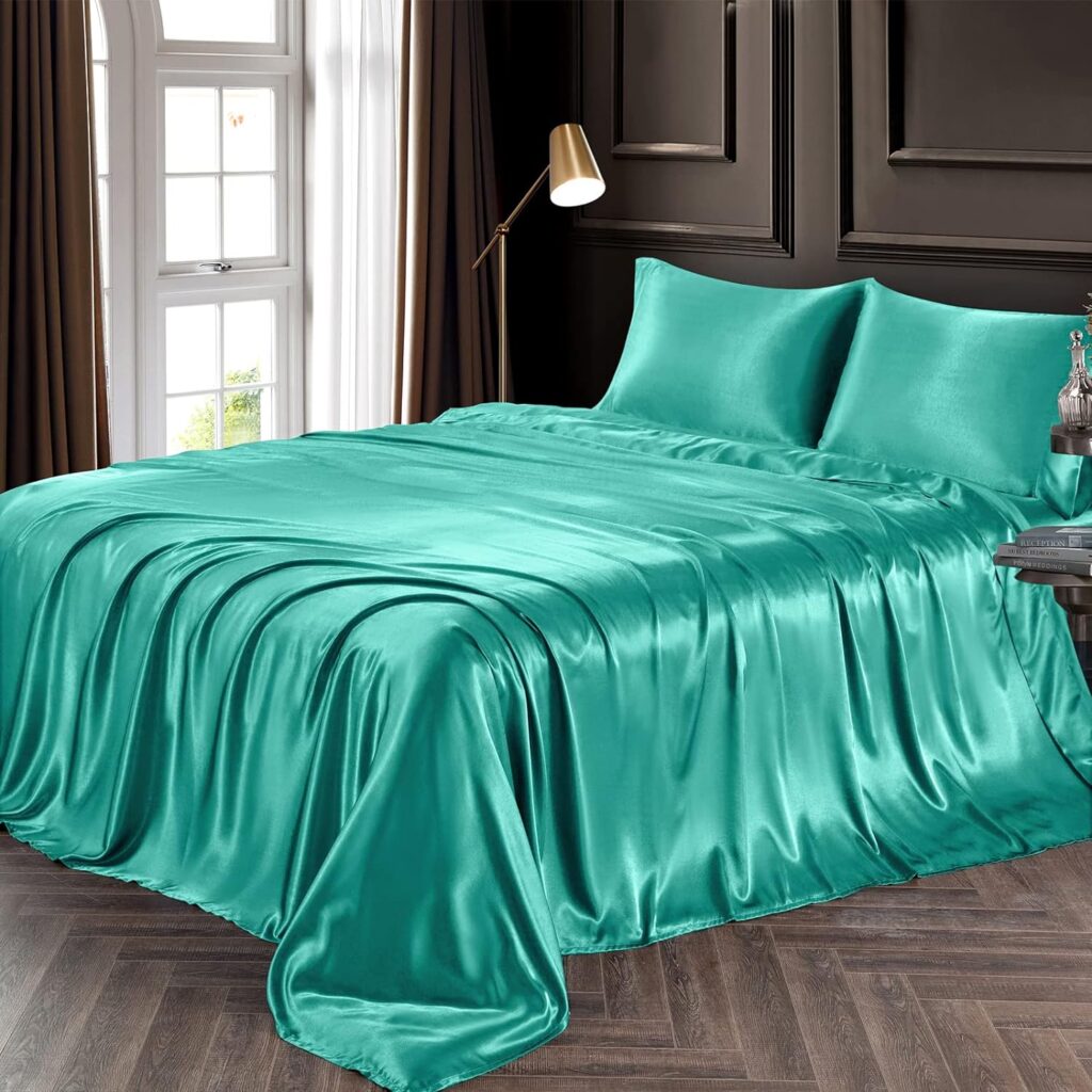 Chvonttow 4 Piece Satin Sheets Queen Size Luxury Silky Satin Bed Sheets Set, Wrinkle, Fade, Stain Resistant, 1 Deep Pocket Fitted Sheet + 1 Flat Sheet + 2 Pillowcases (Aqua Blue)