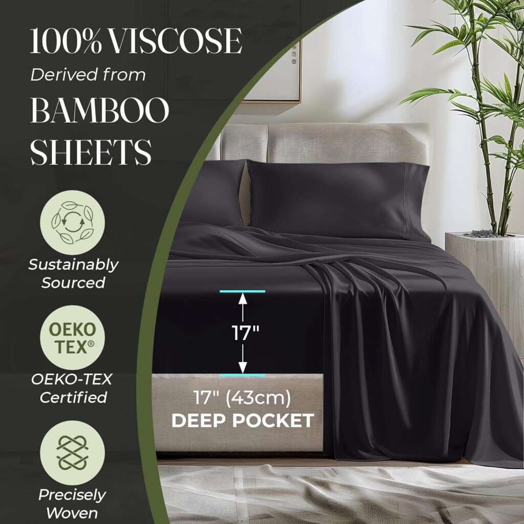 DECOLURE 100% Organic Viscose Derived from Bamboo Sheets Queen Size 4pcs - Ultra Soft  Luxuriously Cooling, 17 Deep Pocket, Double Stitching, Perfect for Hot Sleepers - Queen Bed Sheets (Olive)