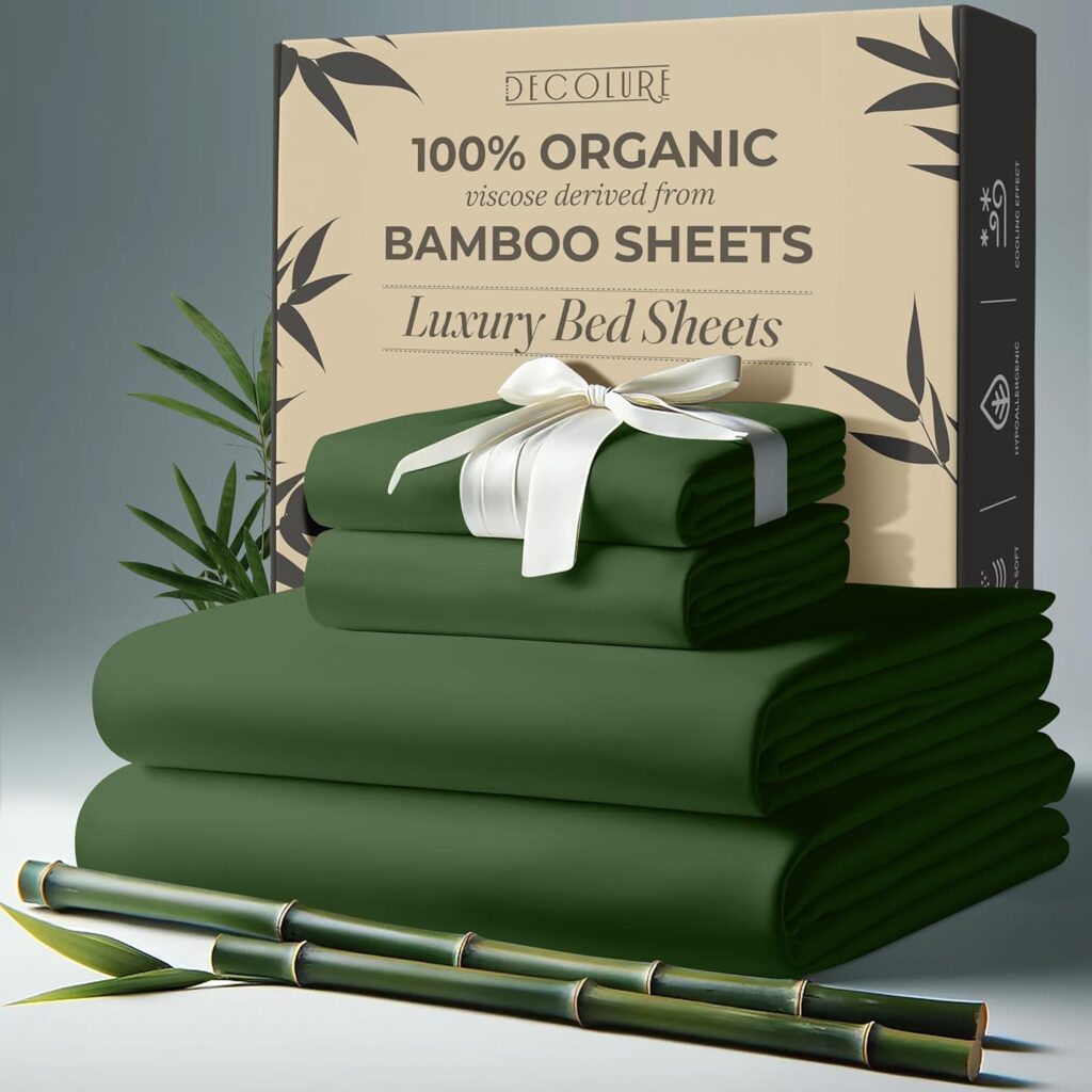 DECOLURE 100% Organic Viscose Derived from Bamboo Sheets Queen Size 4pcs - Ultra Soft  Luxuriously Cooling, 17 Deep Pocket, Double Stitching, Perfect for Hot Sleepers - Queen Bed Sheets (Olive)