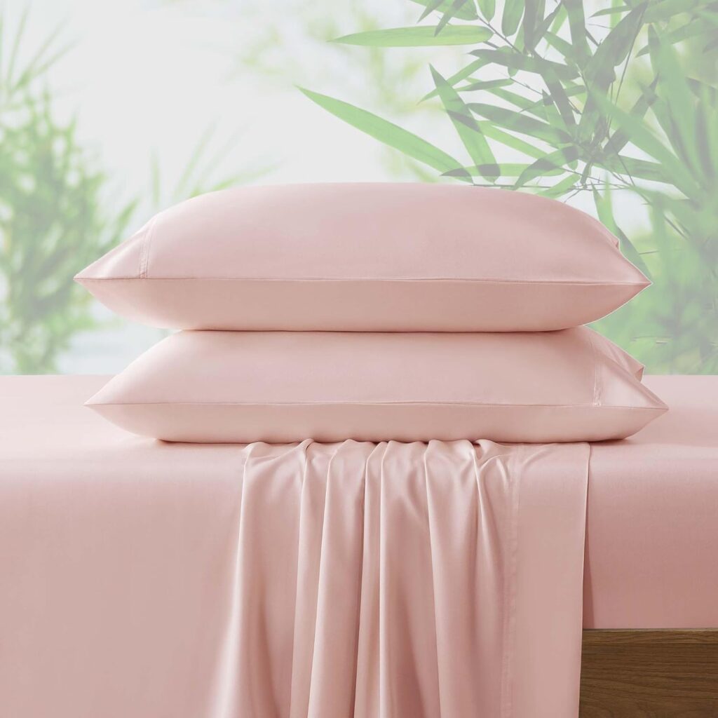 NATUREFIELD 4Pcs Cooling Sheets Set King Size Rayon Derived from Bamboo Bed Sheets Soft Breathable 1 Flat Sheet, 1 Fitted Sheet, 2 Pillowcases