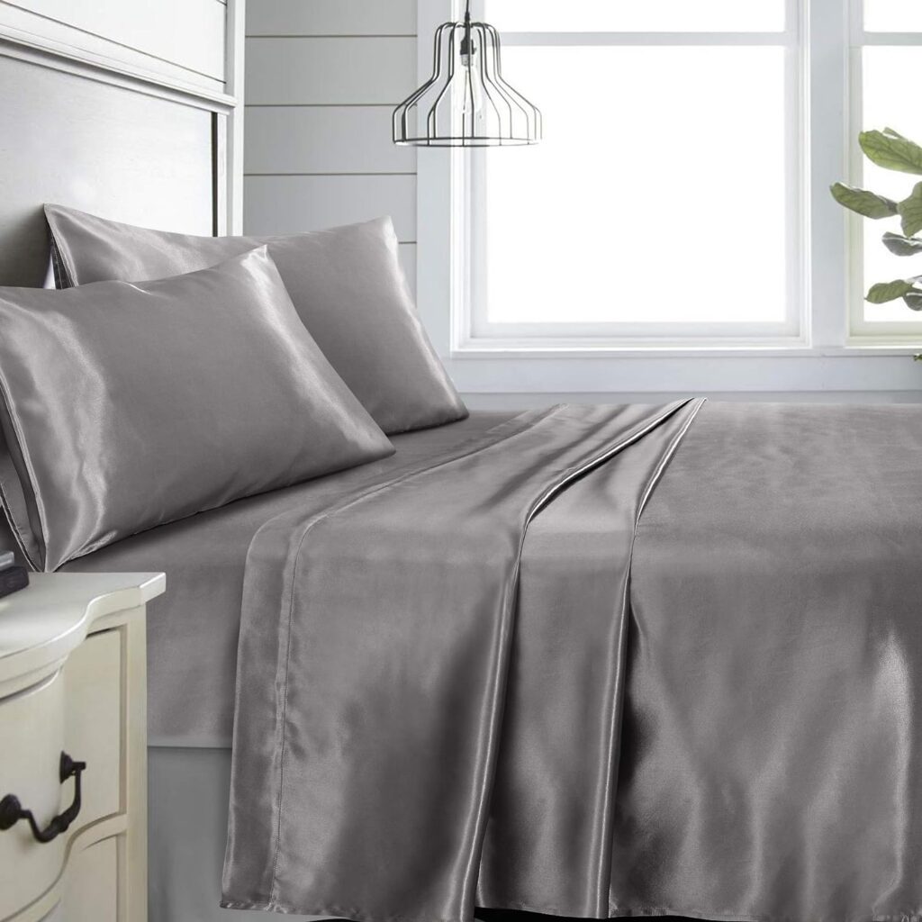 Niagara Queen Grey Bed Sheet Set 4 Pieces Silky Smooth Bridal Satin Deep Pocket Fitted, Flat, 2 Pillow Cases Wrinkle Stain, Fade Resistant (Grey Satin, Queen)