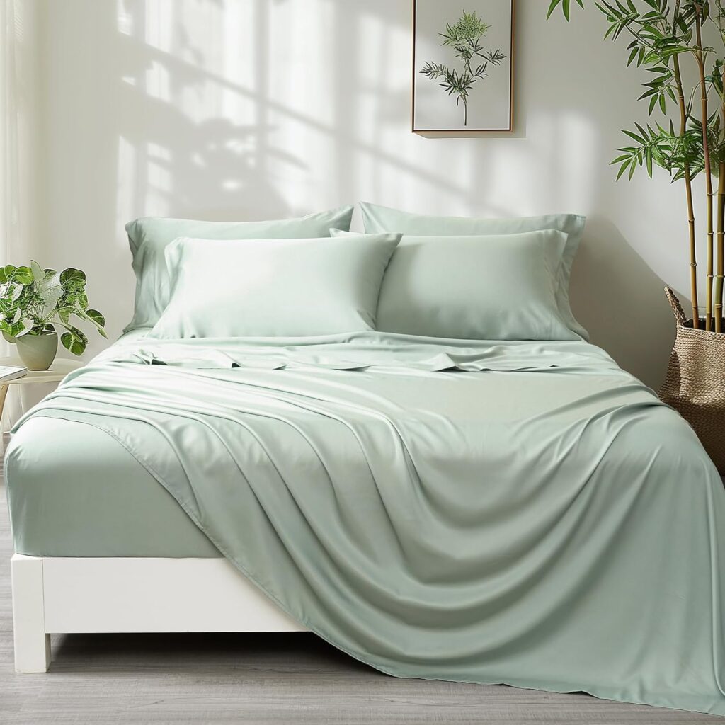 PHF Cooling Sheets Set Queen Size 6 Piece - 100% Rayon Derived from Bamboo_Sheets - Wider Elastic Band  16 Inch Deep Pockets - Luxury Soft and Breathable Bedding Sheets  Pillowcases, Sage Green