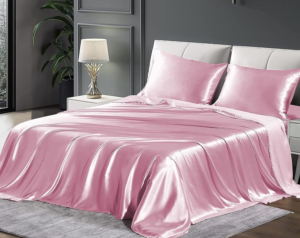 Rich Silk Satin Sheet Set 4 Piece Full XL Size (54x80)+ 16 Inch Deep Pocket Baby Pink Color Smooth Soft and Silk Satin Sheets Full XL Size Bedding Set