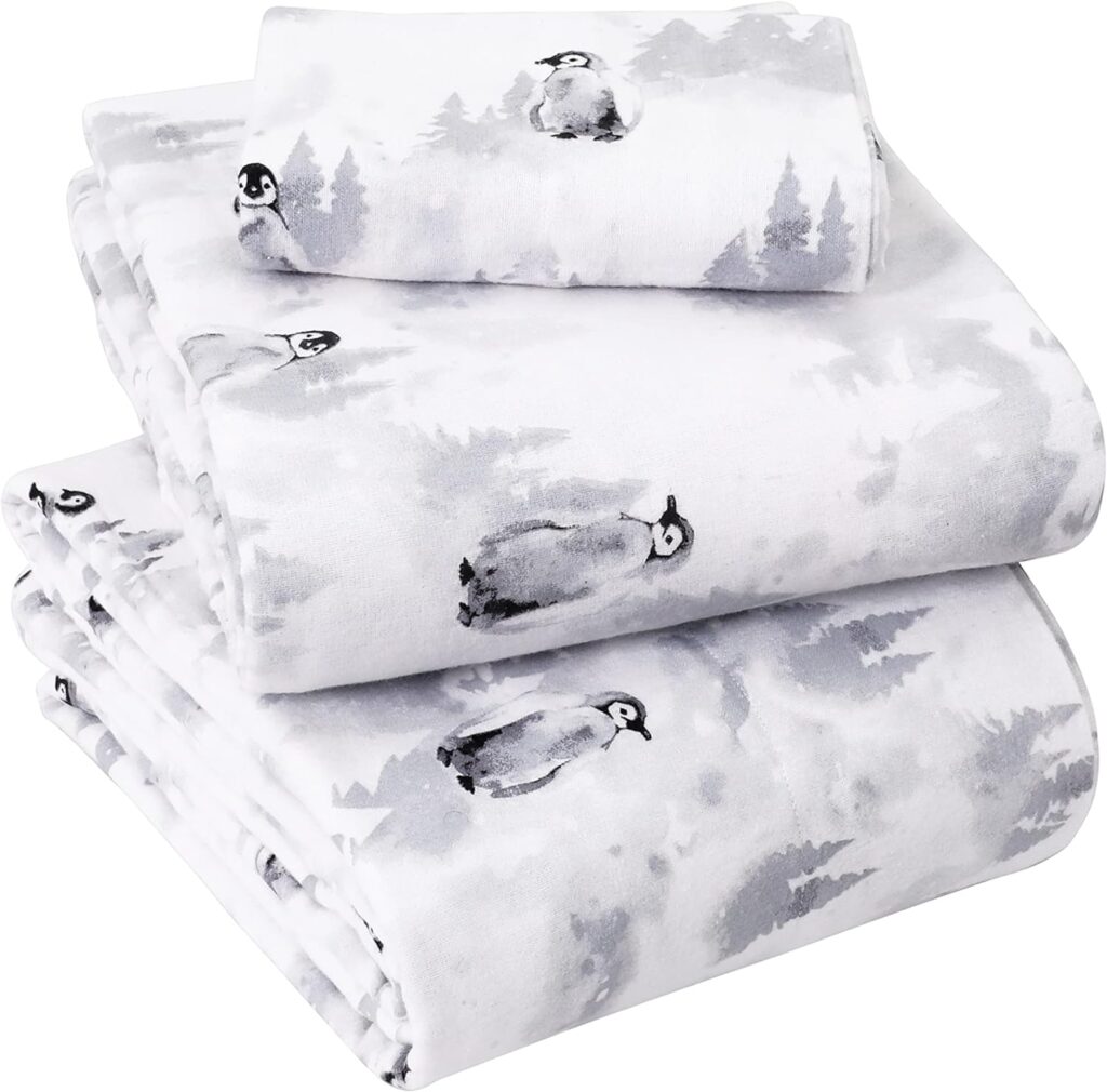 Sleepdown 100% Cotton Flannel Sheets Twin XL - Super Soft Heavyweight, Double Brushed, Anti Pill Flannel Twin XL Bed Sheets - 16 Deep Pocket Twin XL Fitted Sheets X2 Side Pockets (Twin XL, Penguin)