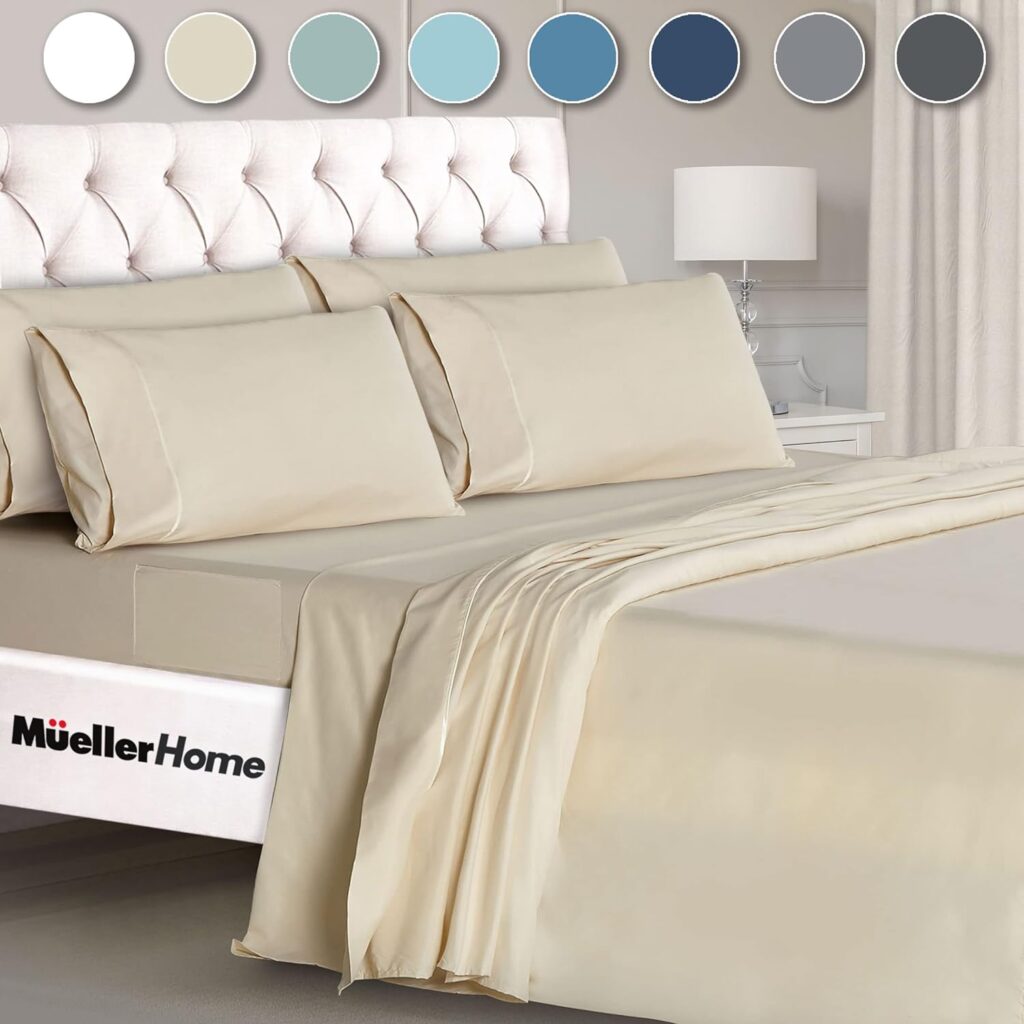 Mueller Ultratemp King Size Sheets Set, Super Soft 1800, 6 Piece, Deep Pocket up to 16 Bed Sheets, Transfers Heat, Breathes Better, Hypoallergenic, Wrinkle, Cream