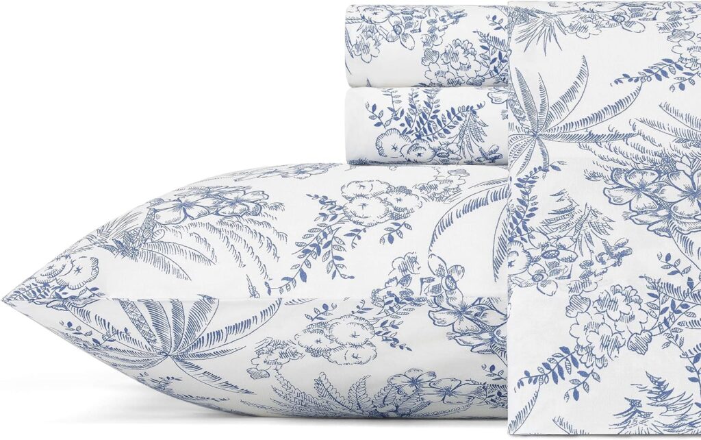 Tommy Bahama - King Sheets, Cotton Percale Bedding Set, Crisp  Cool, Stylish Home Decor (Pen and Ink Palm Blue, King)