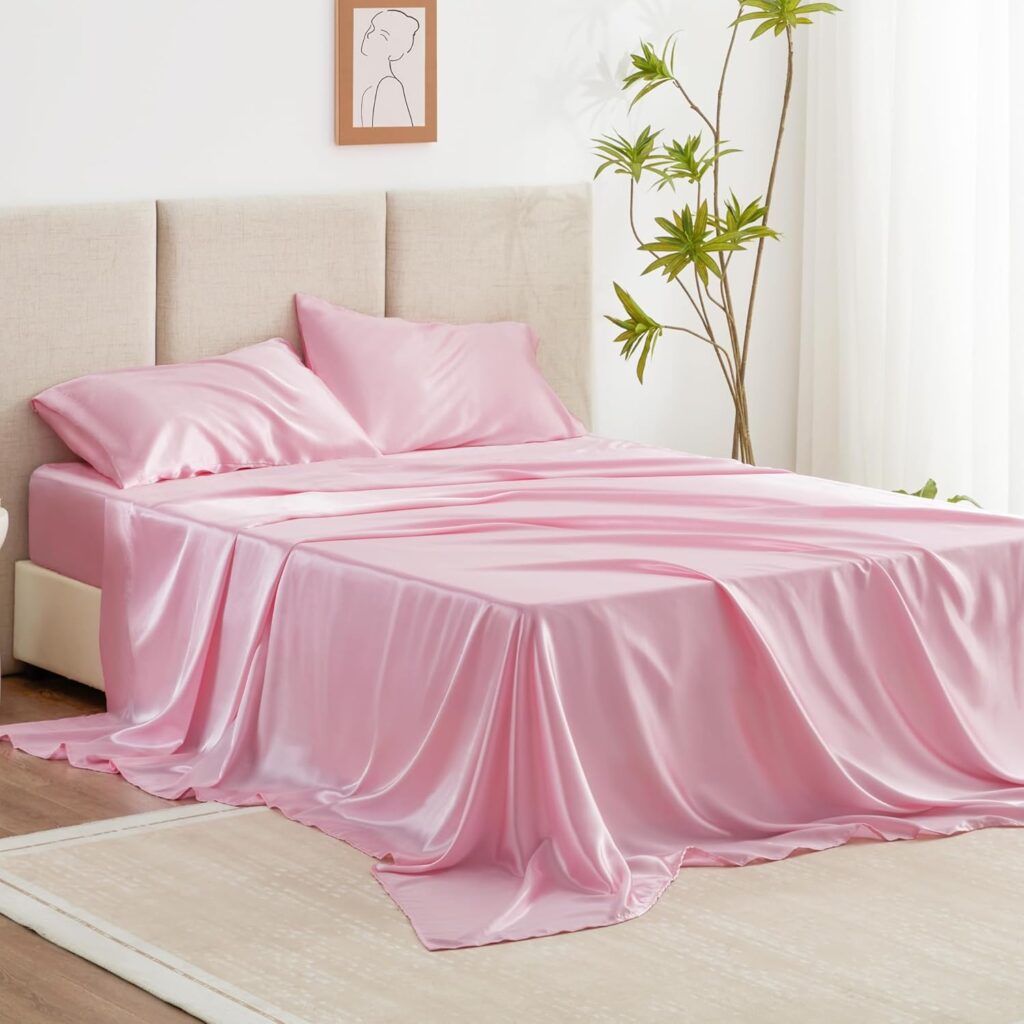 Loves cabin Satin Queen Sheets Set - 4 Piece Pink Silky Satin Bed Sheets Queen Set with Deep Pocket, Luxury Silk Feel Satin Queen Size Sheet Set (1 Flat Sheet,1 Fitted Sheet,2 Pillow cases)