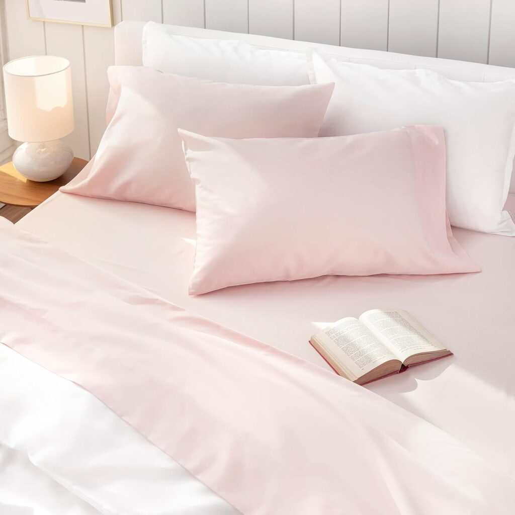 MARTHA STEWART Emerson King Size Sheets - 4 Piece Set, 100% Egyptian Cotton, 1 Flat Sheet, 1 Fitted Sheet, 2 Pillowcases, Durable  Breathable Bedsheets, Easy Care, Blush Pink