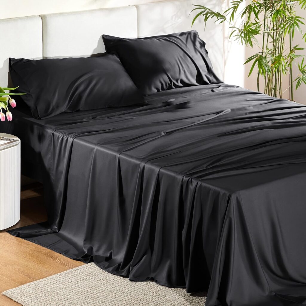 Bedsure Queen Sheets, Rayon Derived from Bamboo, Queen Cooling Sheet Set, Deep Pocket Up to 16, Breathable  Soft Bed Sheets, Hotel Luxury Silky Bedding Sheets  Pillowcases, Black