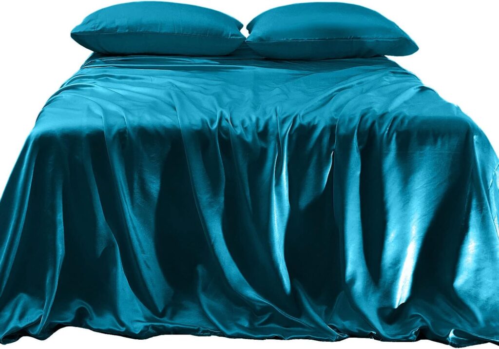 Elegant Comfort Luxurious 4-Piece Silky Satin Sheet Set, Skin and Hair Friendly, Wrinkle, Fade, Stain Resistant with Deep Pockets Fitted Sheet, Cooling Soft Satin Sheet Set, Queen, Turquoise