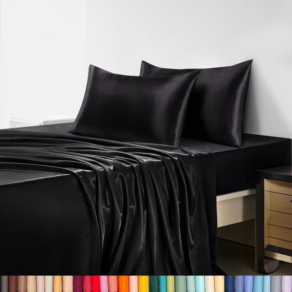 LuxClub Satin Sheets - Soft Satin Sheets Queen Size, 6 Pcs Luxury Silky Sheets, Similar to Silk Sheets, Black Satin Sheets Queen Size for Hair and Skin, Gifts for Women-Black Queen