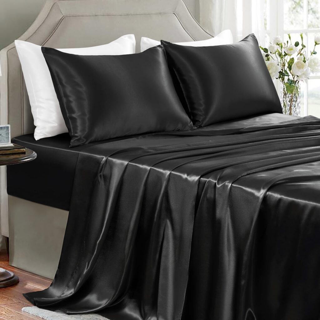 Satin Sheets Full Size - 4 Pieces Luxury Silky Soft Bed Sheets, Wrinkle-Free Black Satin Silk Sheet Set with 1 Deep Pocket Fitted Sheet, 1 Flat Sheet, 2 Pillow Cases