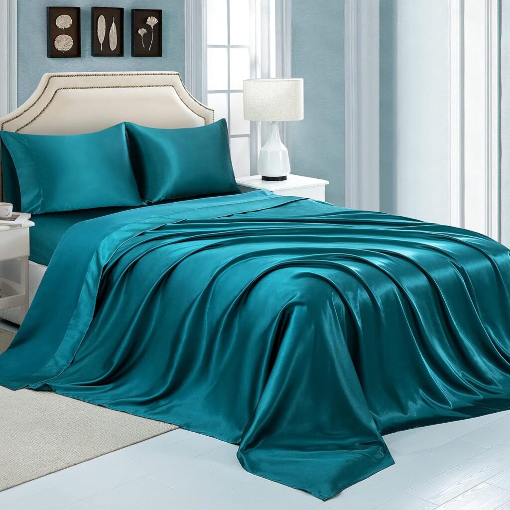 Silk Satin Bed Sheets, Full Size Sheets Set, Ultra Soft Silky Bedding Set with 18 Extra Deep Pocket Fitted Sheet for High Mattress (Full, Teal)