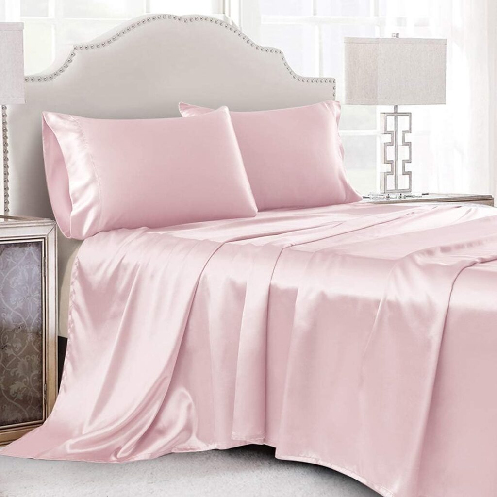 4 Pcs Blush Pink Satin Sheets Full Size Silky Satin Bedding Sheets Set with 1 Deep Pocket Fitted Sheet, 1 Flat Sheet, 2 Pillowcase