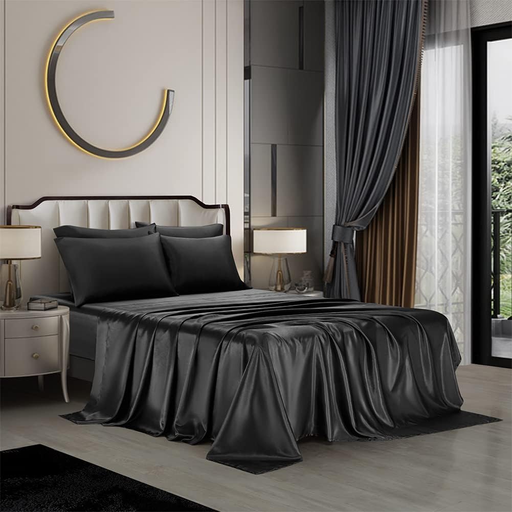 AiMay 6 Piece Satin Bedding Sheet Set Queen Black Deep Pocket 1800 Series Luxury Rich Silk Silky Super Soft Solid Color 4 Pillowcases Reversible Sexy Honeymoon Wrinkle Free (Queen,Black)