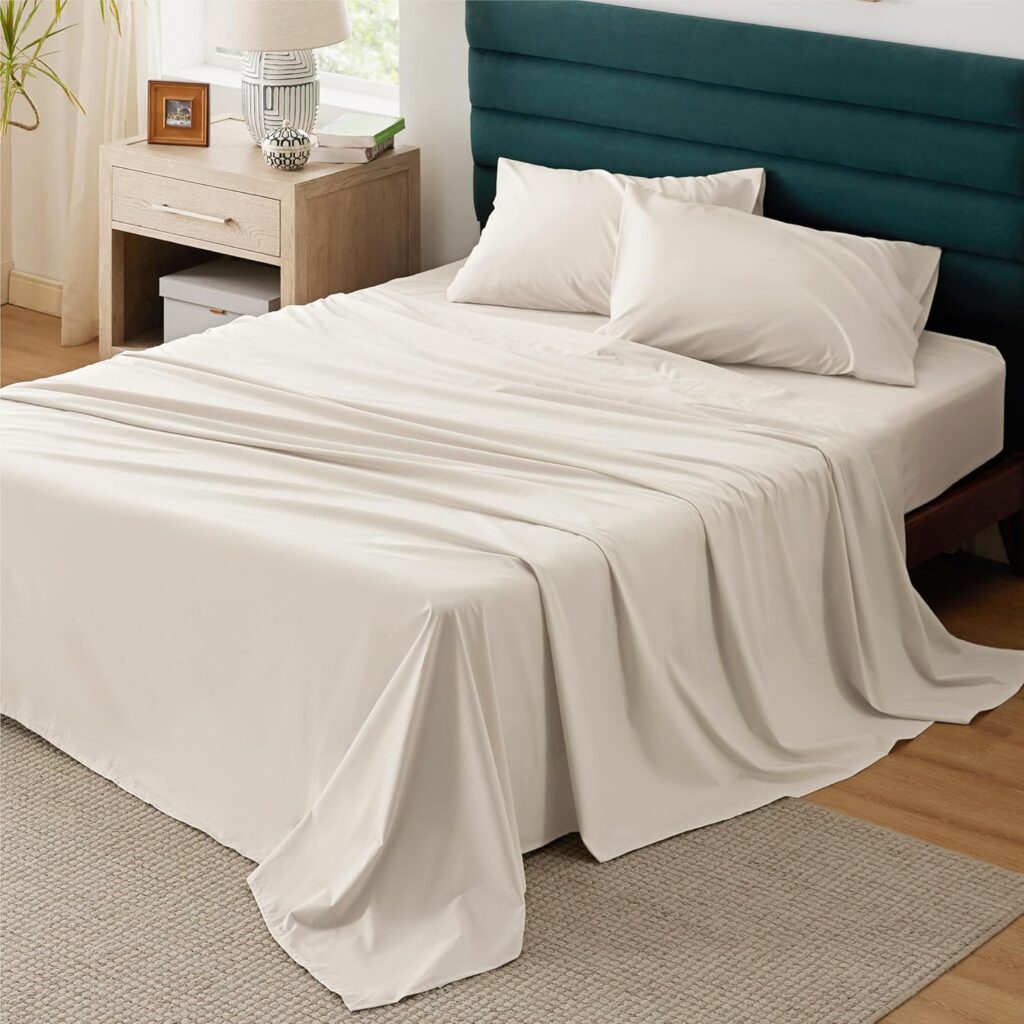 Bedsure 100% Cotton Sheets Queen Size - Soft Percale Sheets, 4 Pieces Beige Sheet Set, Breathable Cooling Queen Sheets, Cotton Bed Sheets with Deep Pocket Up to 16, Bedding Sheets  Pillowcases