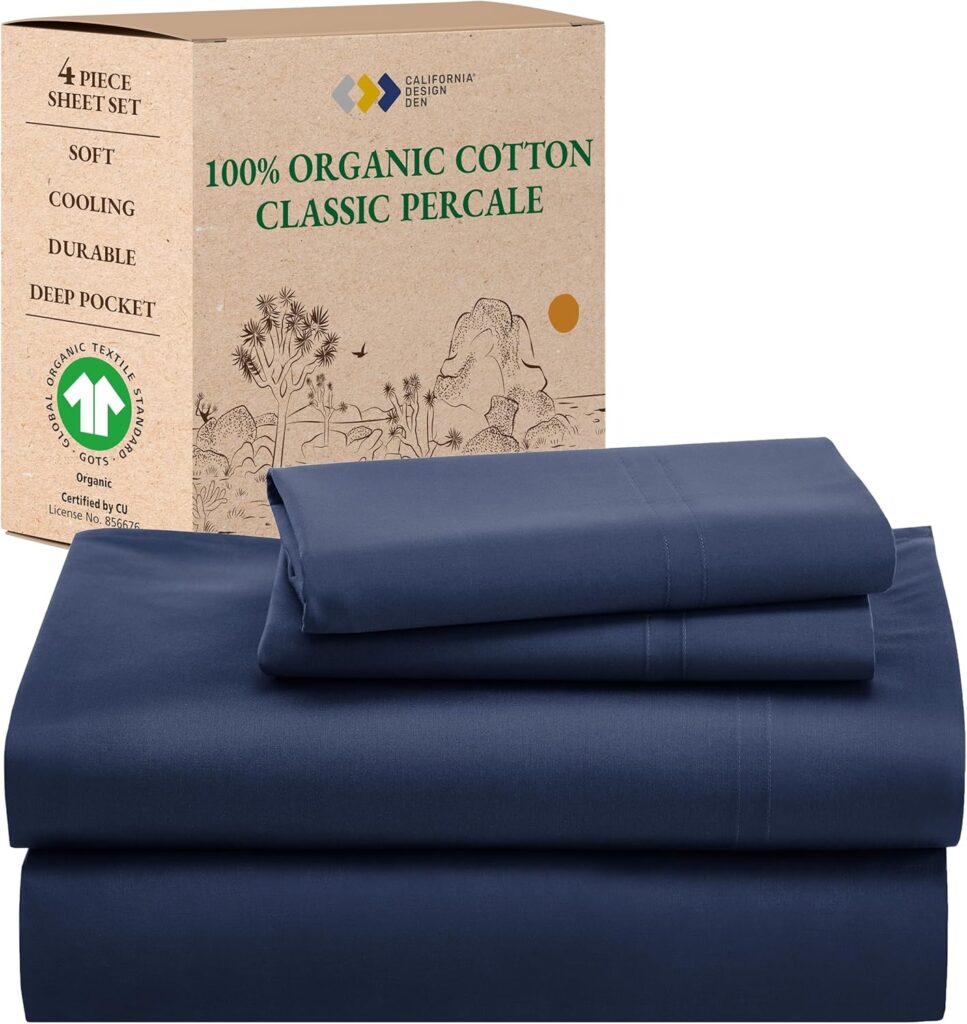 California Design Den 4 Pc 100% Organic Cotton Queen Size Sheet Set, Deep Pockets Percale Sheets Queen, GOTS Certified Luxury Cotton Sheets for Queen Size Bed, Soft Cooling Sheets, Navy Blue Sheets